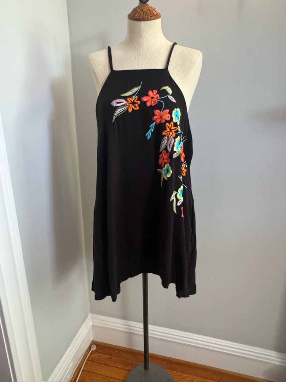 Free People Black Mini Dress with Multicolor Floral Embroidery